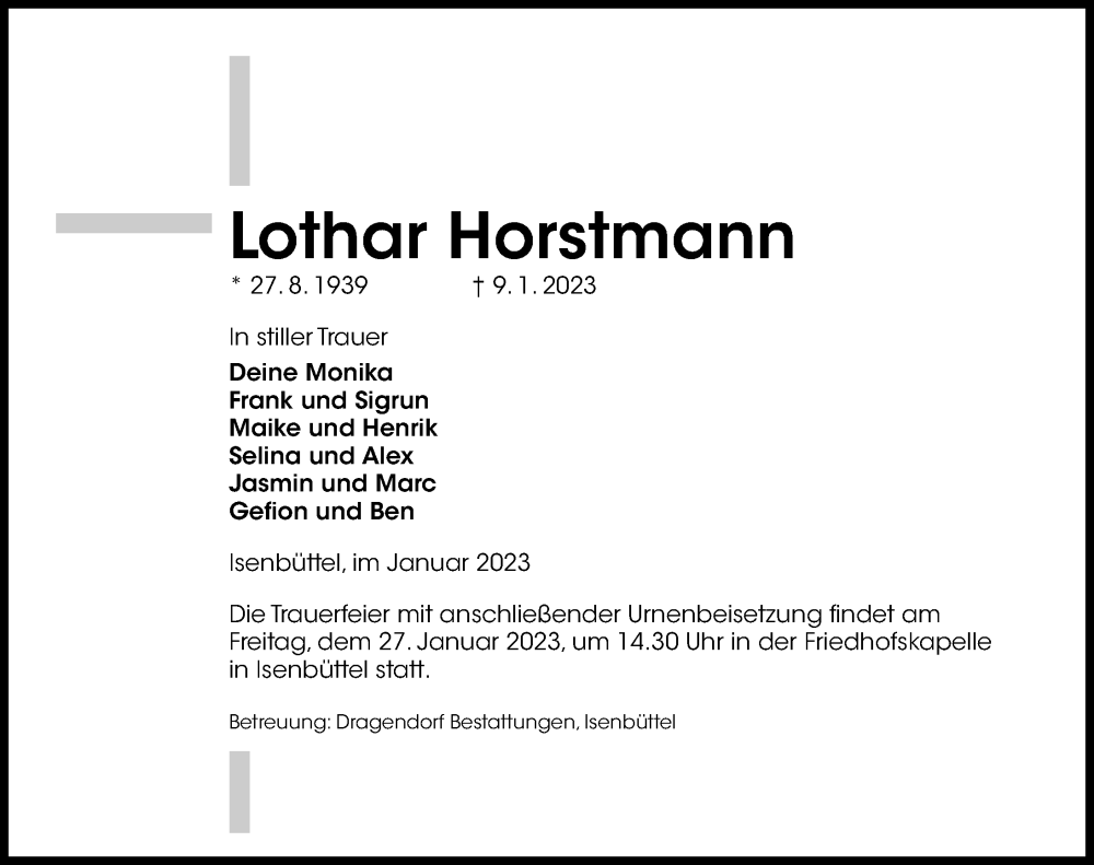  Traueranzeige für Lothar Horstmann vom 14.01.2023 aus Aller Zeitung