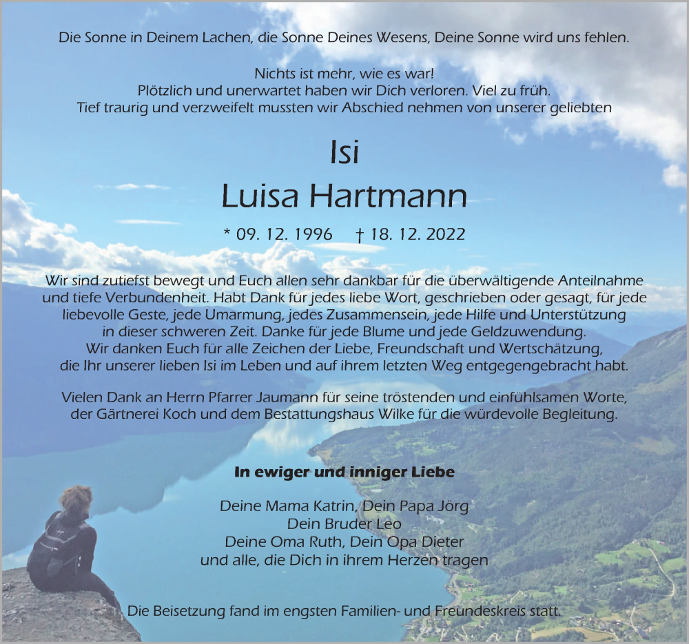  Traueranzeige für Luisa Hartmann vom 28.01.2023 aus Märkischen Allgemeine Zeitung