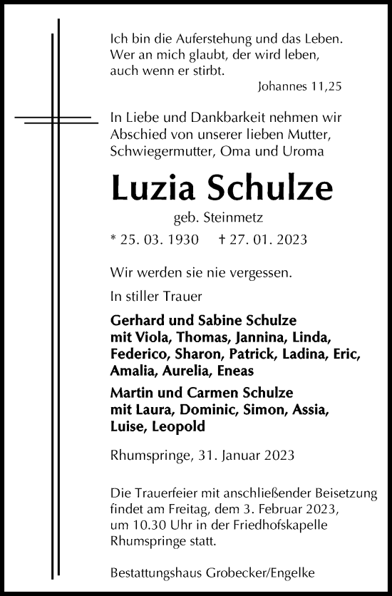 Traueranzeige von Luzia Schulze von Eichsfelder Tageblatt