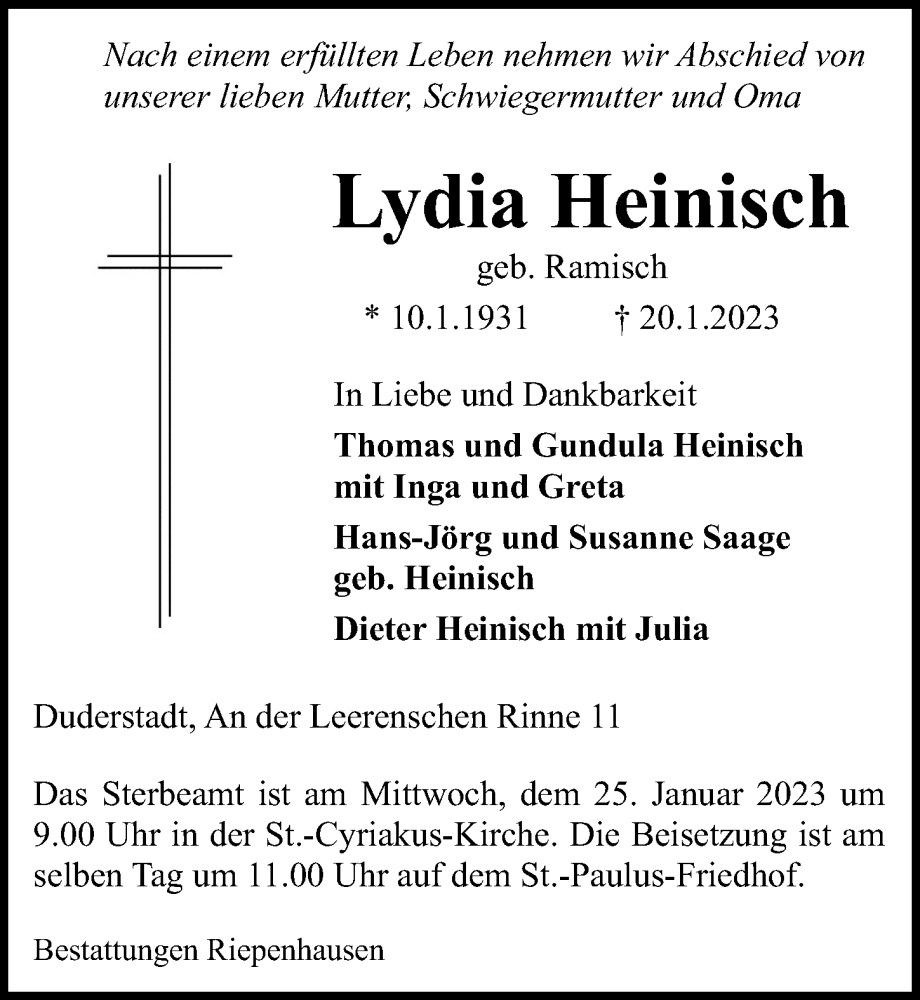  Traueranzeige für Lydia Heinisch vom 24.01.2023 aus Eichsfelder Tageblatt