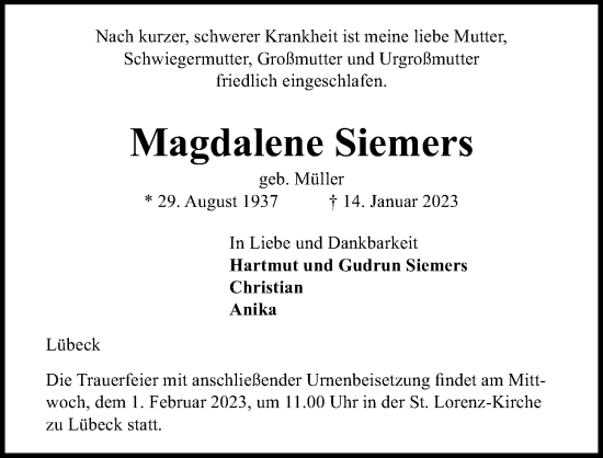 Traueranzeige von Magdalene Siemers von Lübecker Nachrichten