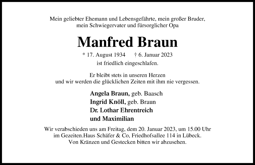  Traueranzeige für Manfred Braun vom 15.01.2023 aus Lübecker Nachrichten