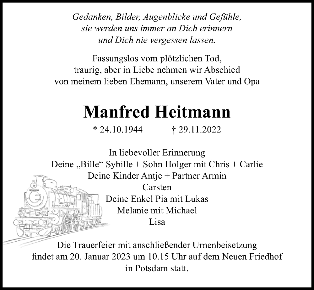  Traueranzeige für Manfred Heitmann vom 07.01.2023 aus Märkischen Allgemeine Zeitung