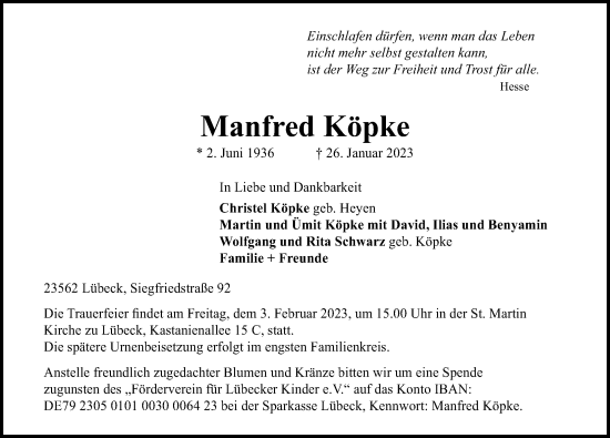 Traueranzeige von Manfred Köpke von Lübecker Nachrichten