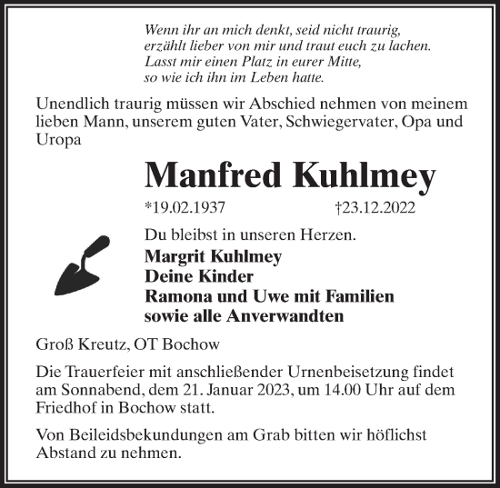 Traueranzeige von Manfred Kuhlmey von Märkischen Allgemeine Zeitung