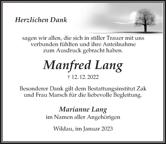 Traueranzeige von Manfred Lang von Märkischen Allgemeine Zeitung