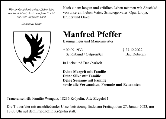 Traueranzeige von Manfred Pfeffer von Ostsee-Zeitung GmbH