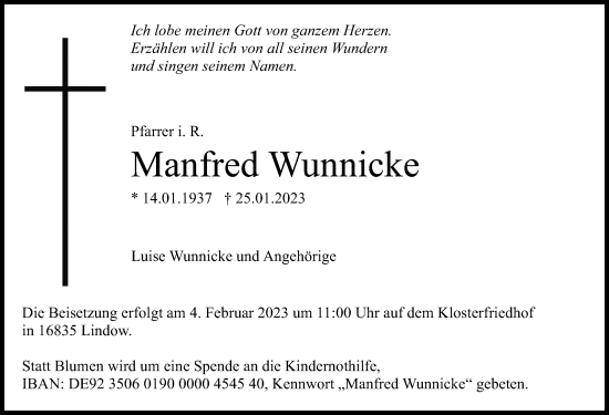 Traueranzeige von Manfred Wunnicke von Märkischen Allgemeine Zeitung