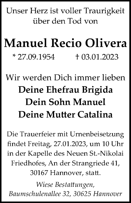 Traueranzeige von Manuel Recio Olivera von Hannoversche Allgemeine Zeitung/Neue Presse