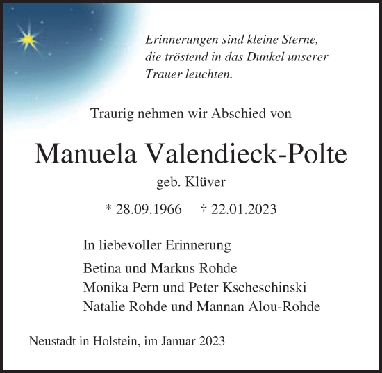 Traueranzeige von Manuela Valendieck-Polte von Lübecker Nachrichten