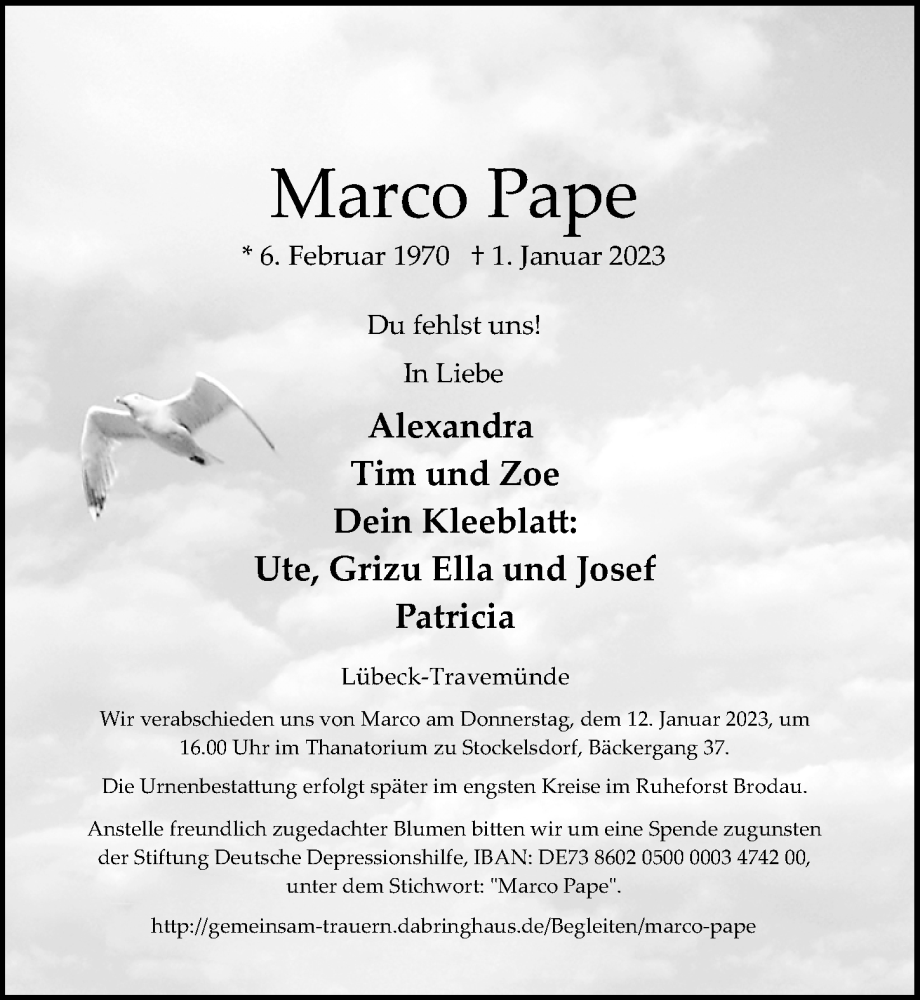  Traueranzeige für Marco Pape vom 08.01.2023 aus Lübecker Nachrichten