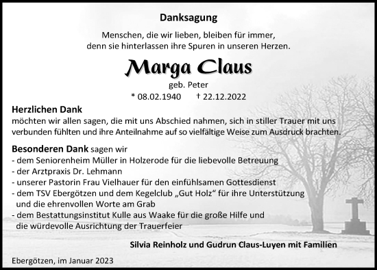 Traueranzeige von Marga Claus von Göttinger Tageblatt