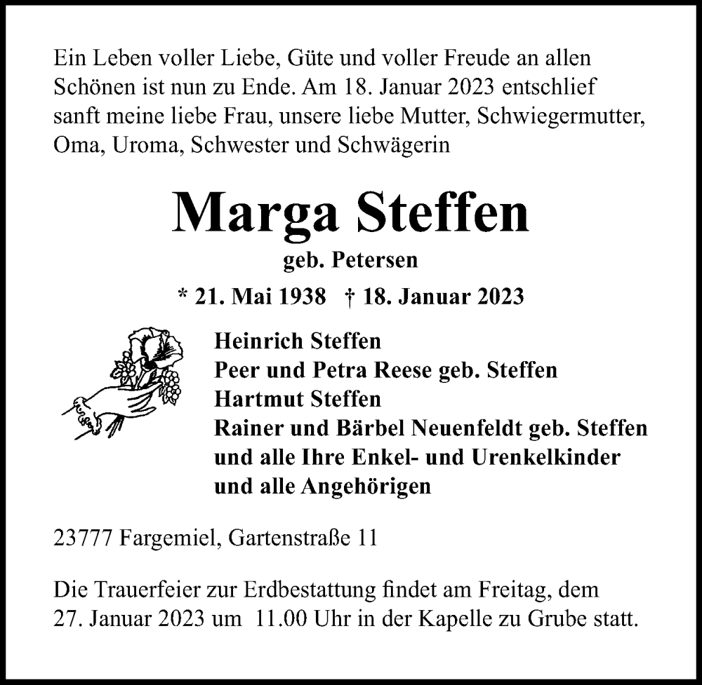  Traueranzeige für Marga Steffen vom 24.01.2023 aus Lübecker Nachrichten