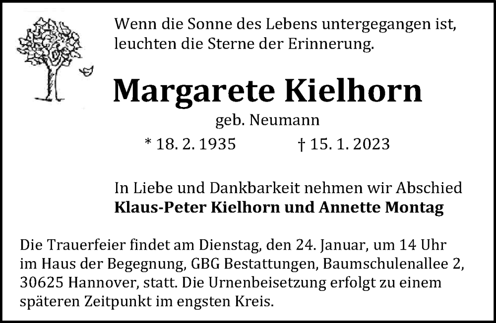  Traueranzeige für Margarete Kielhorn vom 21.01.2023 aus Hannoversche Allgemeine Zeitung/Neue Presse