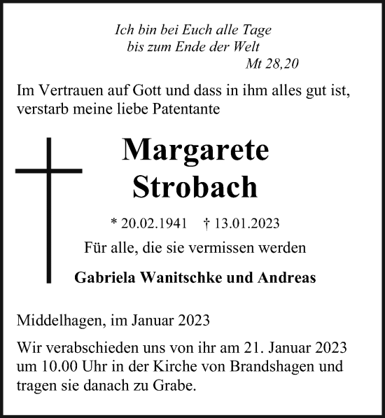 Traueranzeige von Margarete Strobach von Ostsee-Zeitung GmbH