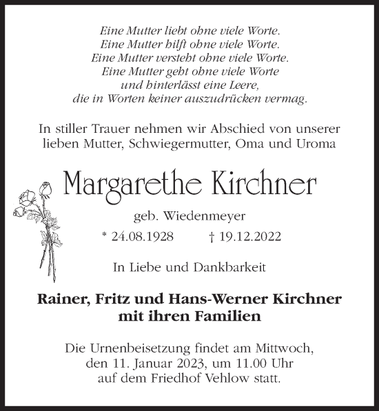 Traueranzeige von Margarethe Kirchner von Märkischen Allgemeine Zeitung