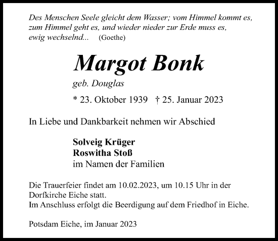 Traueranzeige von Margot Bonk von Märkischen Allgemeine Zeitung