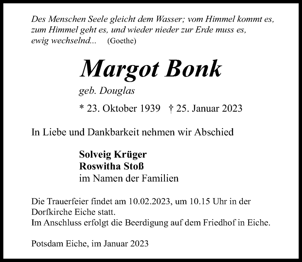  Traueranzeige für Margot Bonk vom 28.01.2023 aus Märkischen Allgemeine Zeitung
