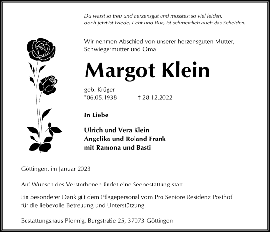 Traueranzeige von Margot Klein von Göttinger Tageblatt