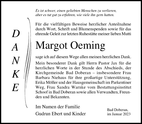 Traueranzeige von Margot Oeming von Ostsee-Zeitung GmbH