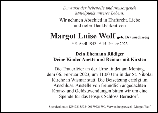 Traueranzeige von Margot Luise Wolf von Ostsee-Zeitung GmbH