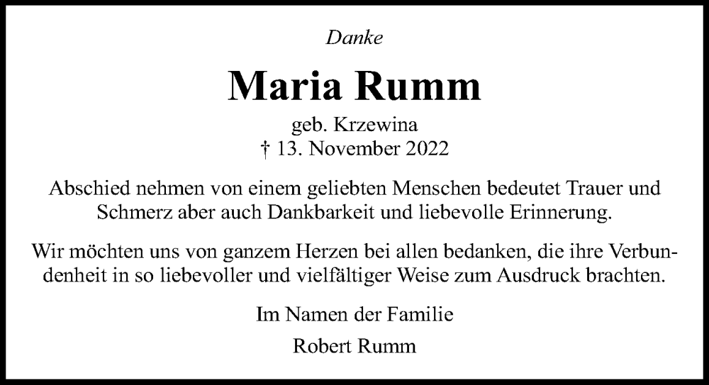  Traueranzeige für Maria Rumm vom 22.01.2023 aus Lübecker Nachrichten