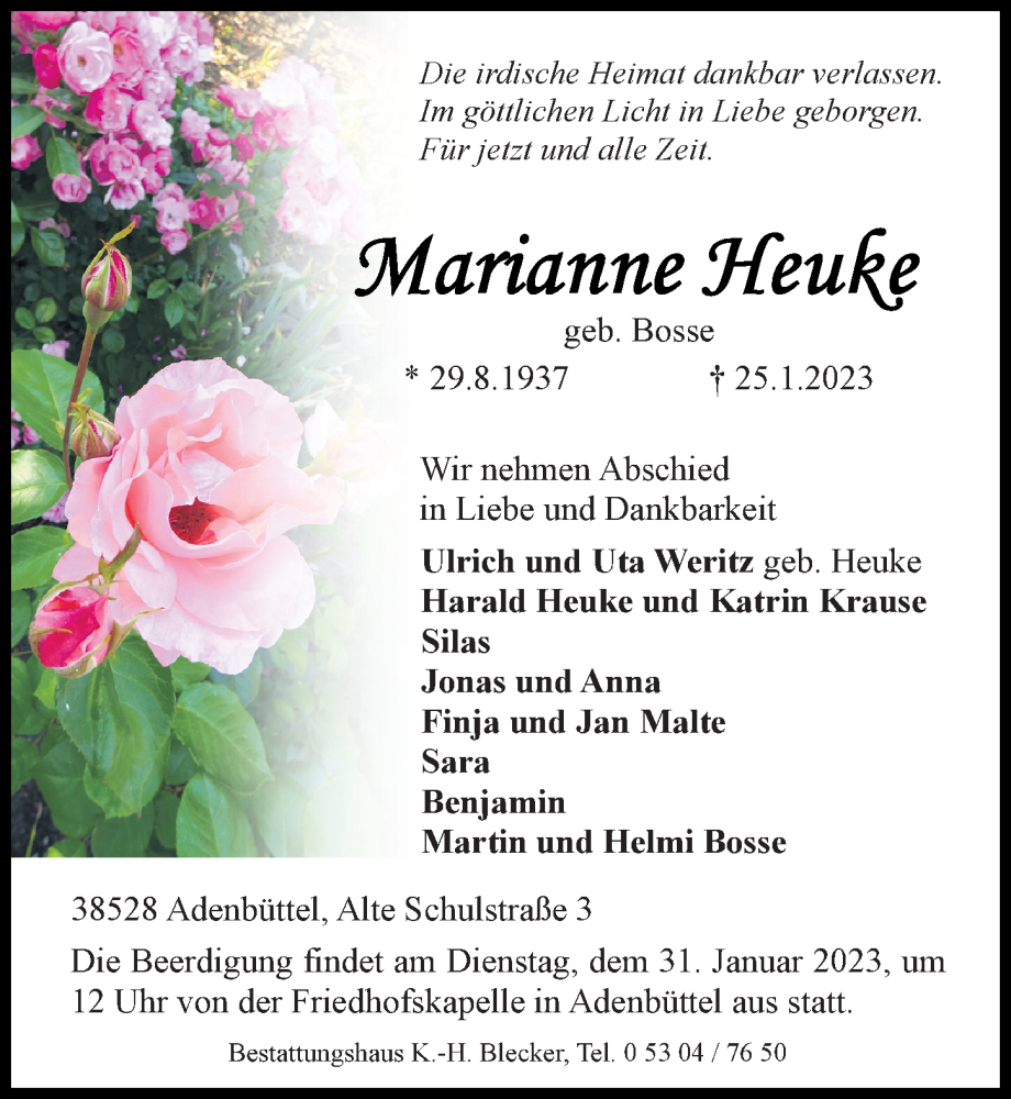  Traueranzeige für Marianne Heuke vom 28.01.2023 aus Aller Zeitung