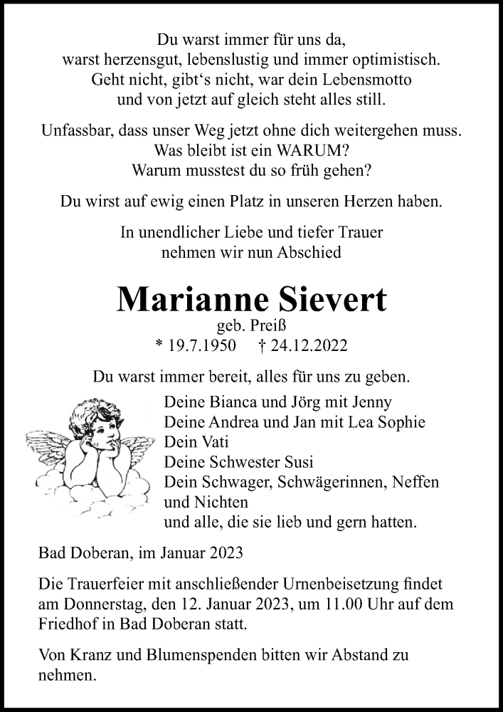  Traueranzeige für Marianne Sievert vom 07.01.2023 aus Ostsee-Zeitung GmbH
