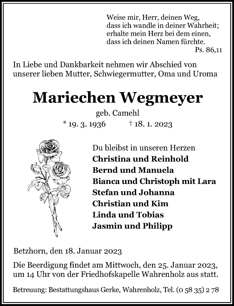  Traueranzeige für Mariechen Wegmeyer vom 21.01.2023 aus Aller Zeitung