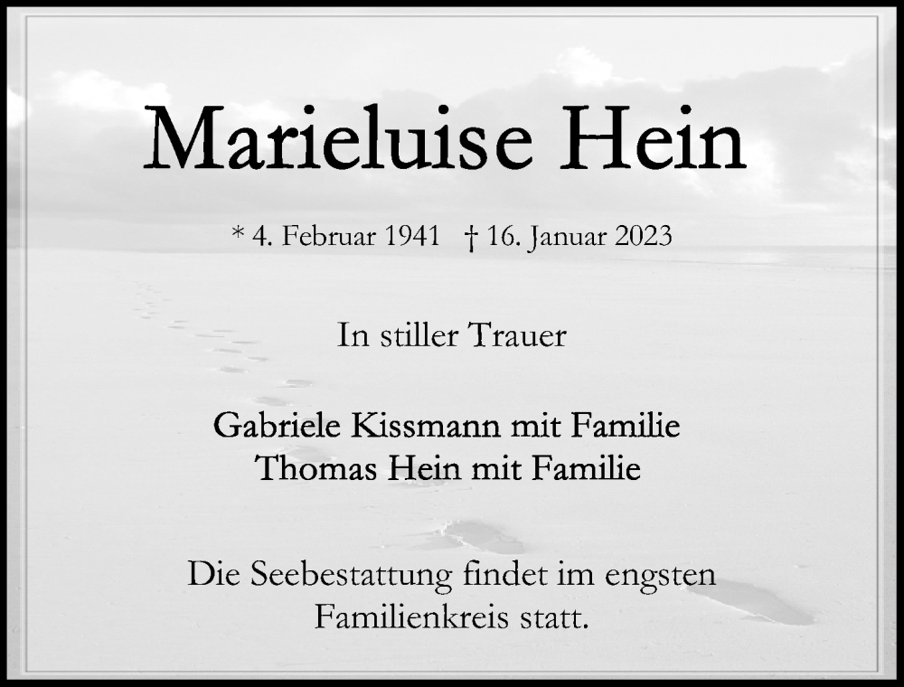  Traueranzeige für Marieluise Hein vom 21.01.2023 aus Lübecker Nachrichten