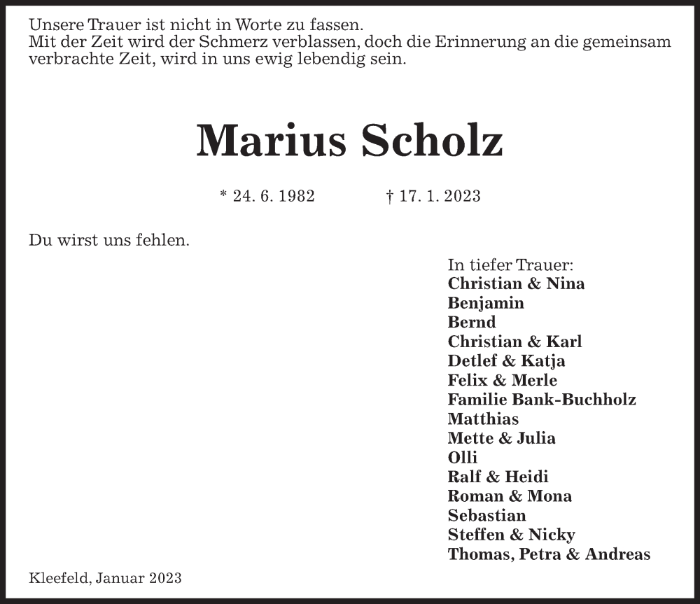  Traueranzeige für Marius Scholz vom 21.01.2023 aus Hannoversche Allgemeine Zeitung/Neue Presse
