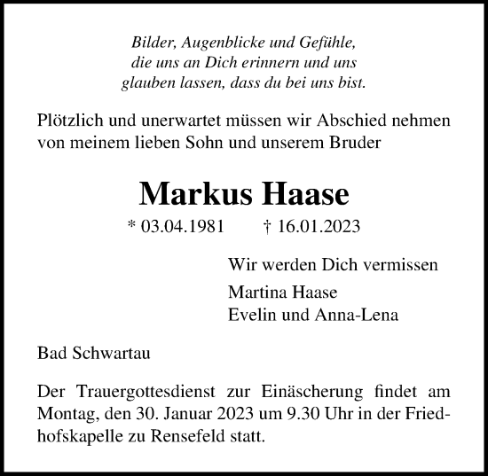Traueranzeige von Markus Haase von Lübecker Nachrichten