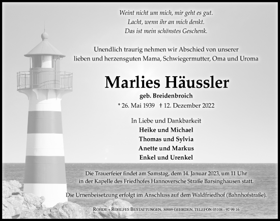 Traueranzeige von Marlies Häussler von Hannoversche Allgemeine Zeitung/Neue Presse