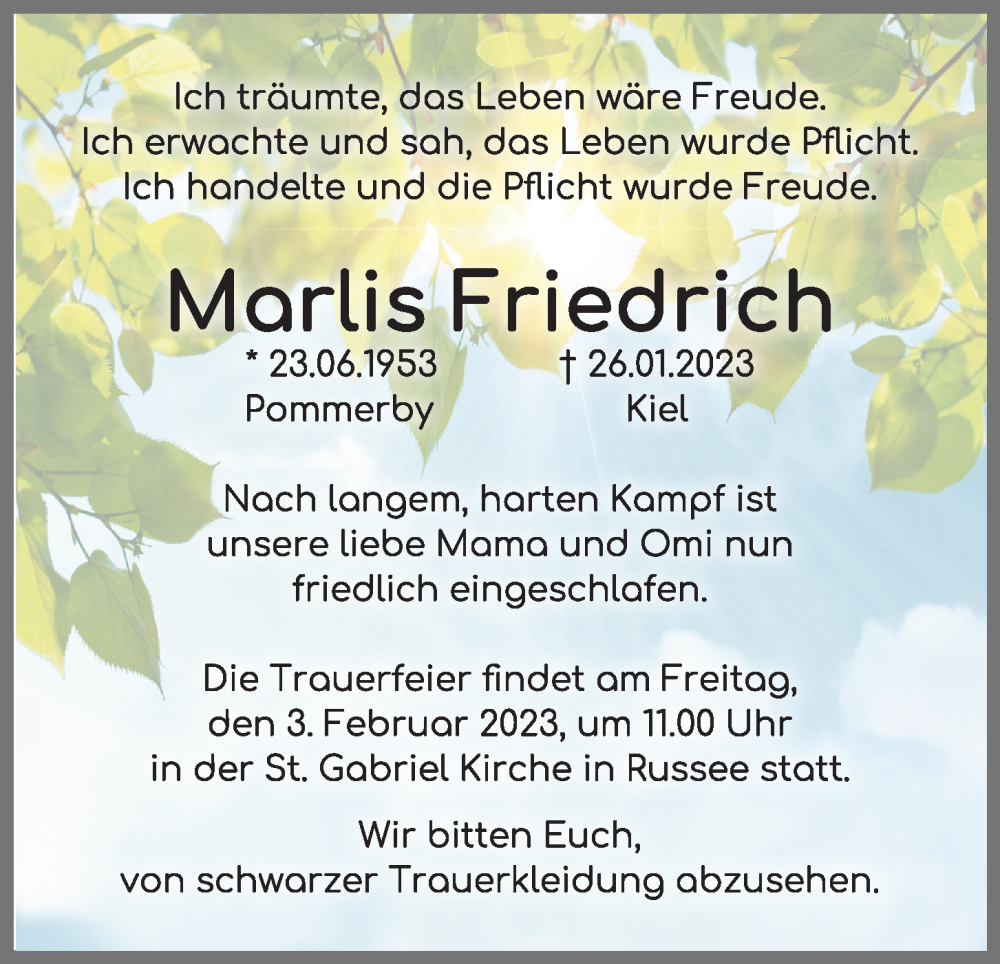  Traueranzeige für Marlis Friedrich vom 28.01.2023 aus Kieler Nachrichten