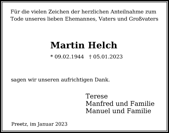 Traueranzeige von Martin Helch von Kieler Nachrichten