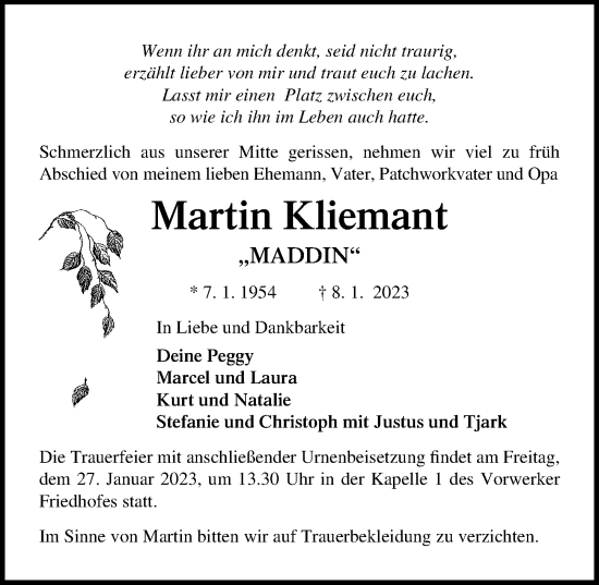 Traueranzeige von Martin Kliemant von Lübecker Nachrichten