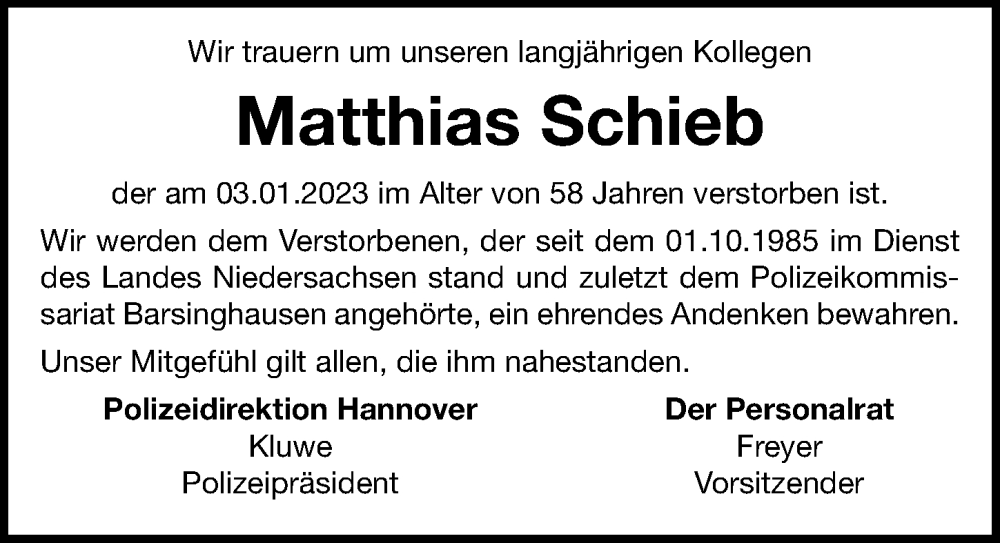  Traueranzeige für Matthias Schieb vom 12.01.2023 aus Hannoversche Allgemeine Zeitung/Neue Presse