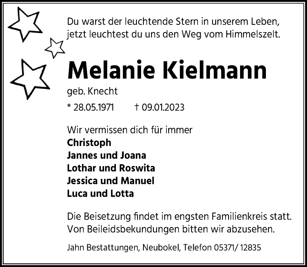  Traueranzeige für Melanie Kielmann vom 28.01.2023 aus Aller Zeitung