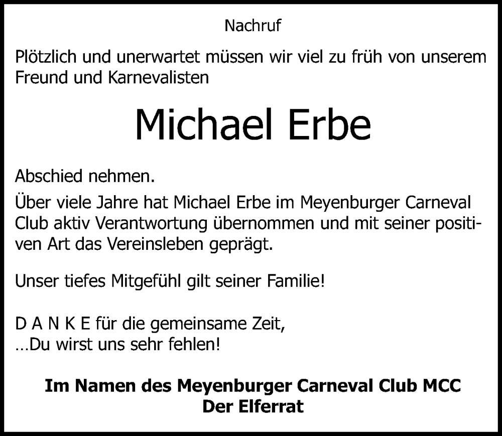  Traueranzeige für Michael Erbe vom 28.01.2023 aus Märkischen Allgemeine Zeitung