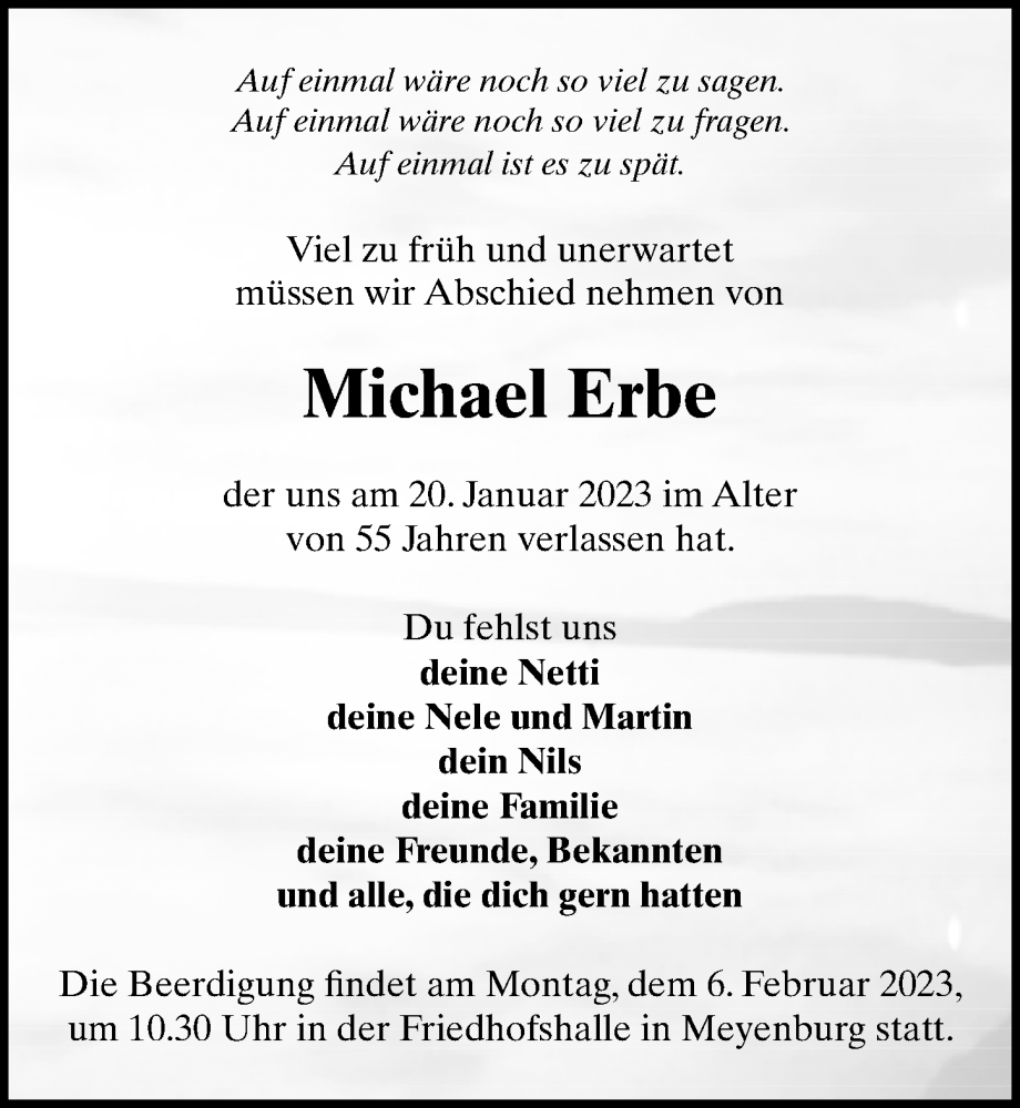  Traueranzeige für Michael Erbe vom 28.01.2023 aus Märkischen Allgemeine Zeitung