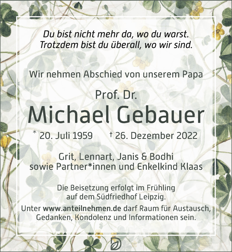  Traueranzeige für Michael Gebauer vom 07.01.2023 aus Leipziger Volkszeitung