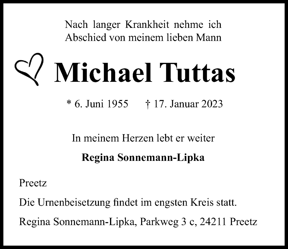  Traueranzeige für Michael Tuttas vom 21.01.2023 aus Kieler Nachrichten