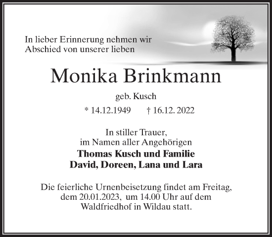 Traueranzeige von Monika Brinkmann von Märkischen Allgemeine Zeitung