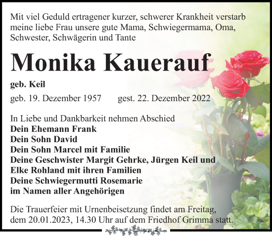 Traueranzeige von Monika Kauerauf von Leipziger Volkszeitung