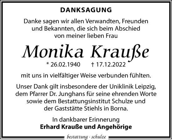 Traueranzeige von Monika Krauße von Leipziger Volkszeitung