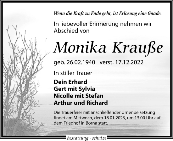 Traueranzeige von Monika Krauße von Leipziger Volkszeitung