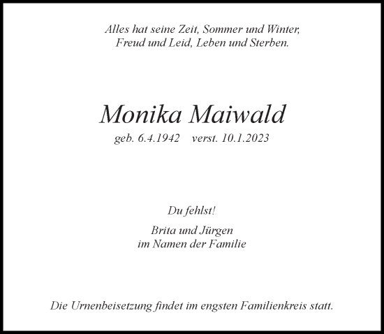 Traueranzeige von Monika Maiwald von Märkischen Allgemeine Zeitung