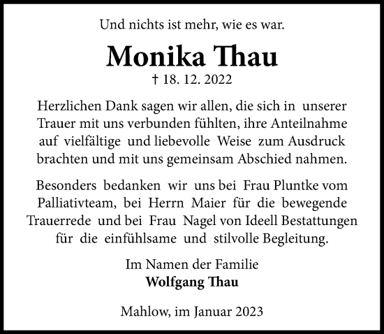 Traueranzeige von Monika Thau von Märkischen Allgemeine Zeitung