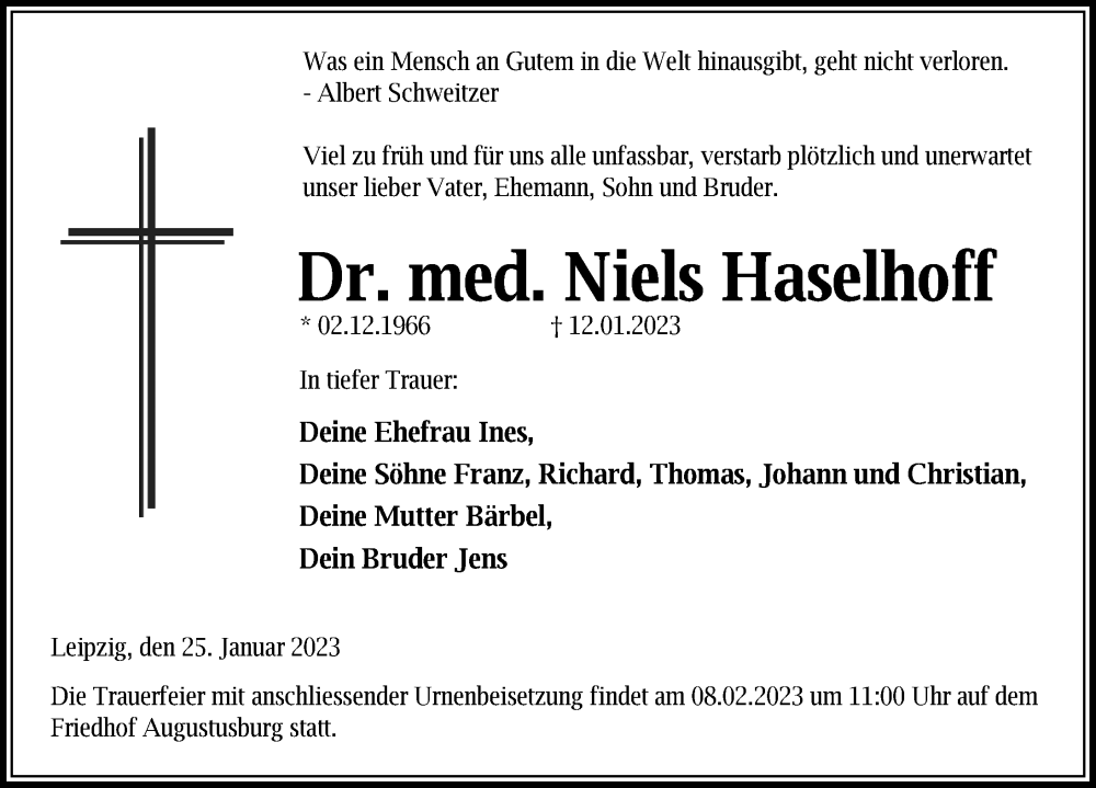  Traueranzeige für Niels Haselhoff vom 28.01.2023 aus Leipziger Volkszeitung