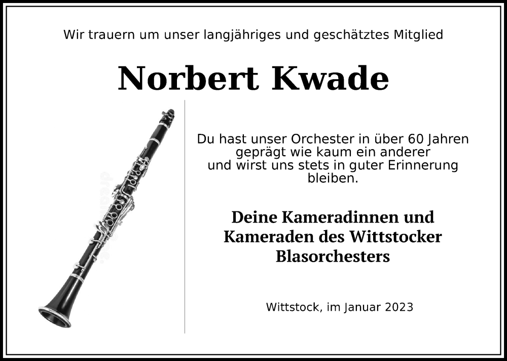  Traueranzeige für Norbert Kwade vom 11.01.2023 aus Märkischen Allgemeine Zeitung